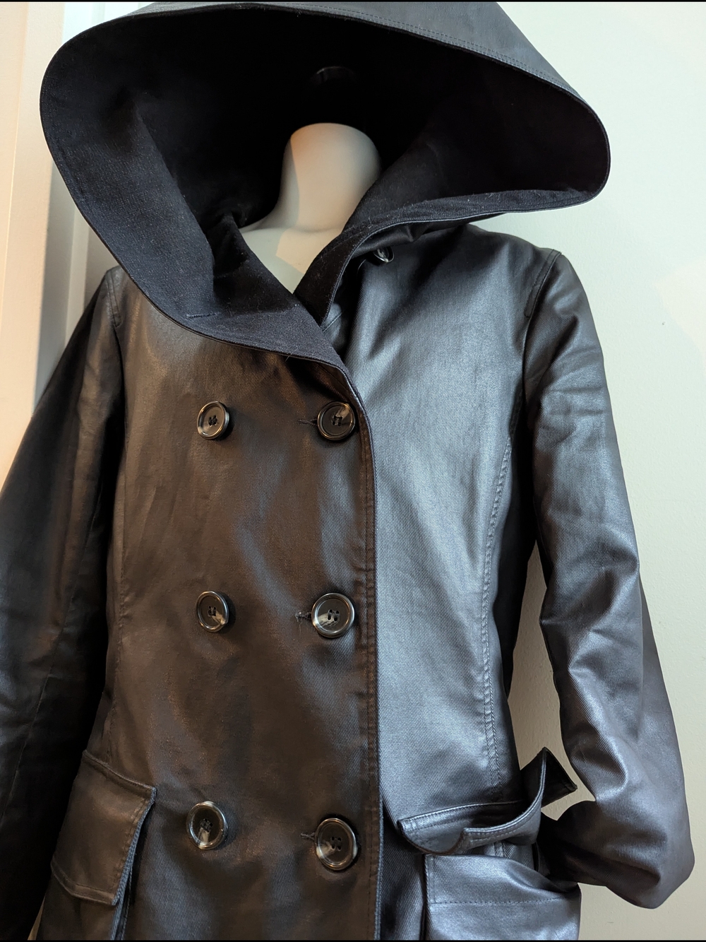 m0851 Waxed Cotton Double Breasted Hooded Coat | Made in Canada | Size 6